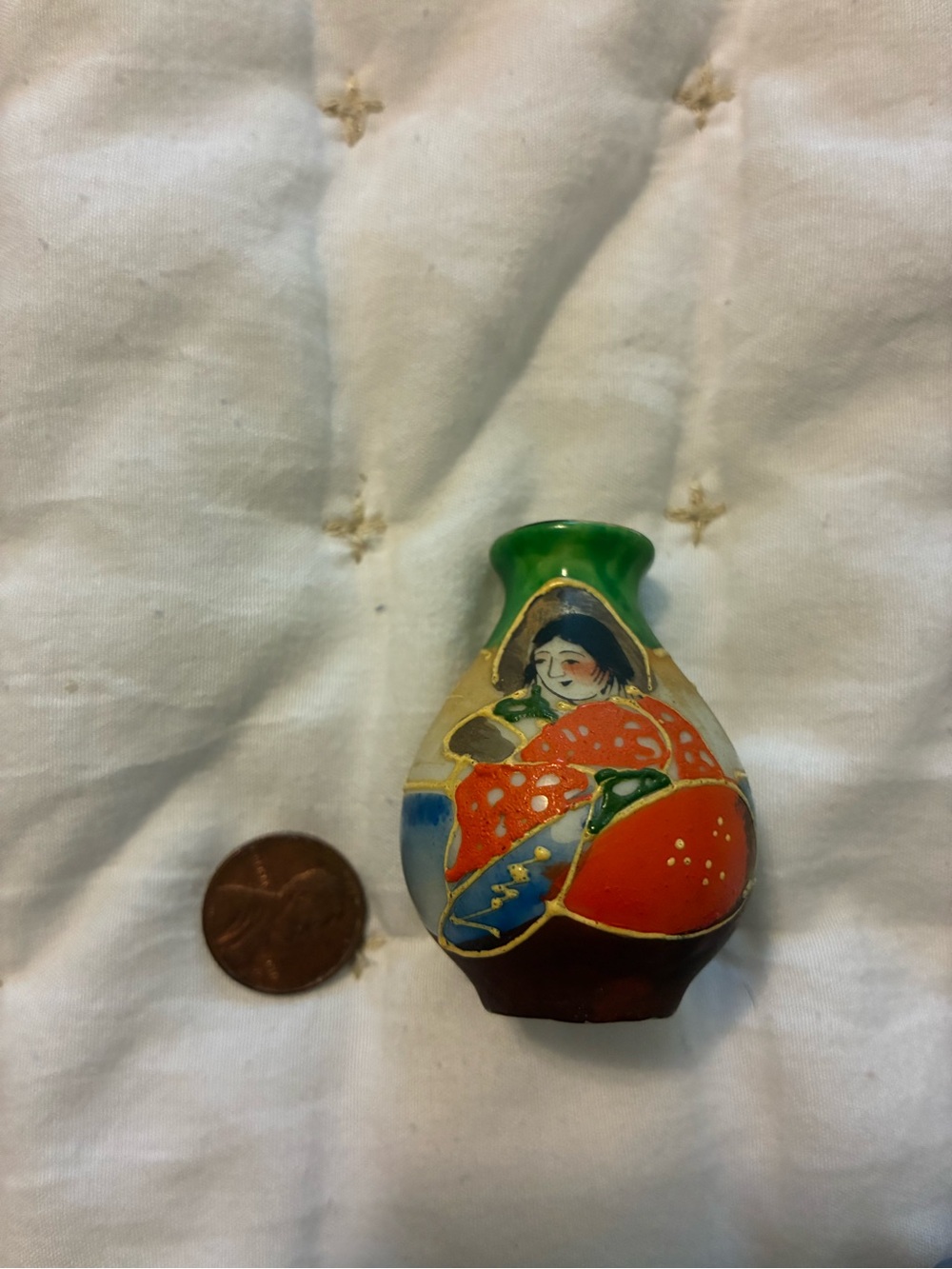 Hand-Painted made in occupied Japan Mini Vase Geisha Motif Green Orange vintage